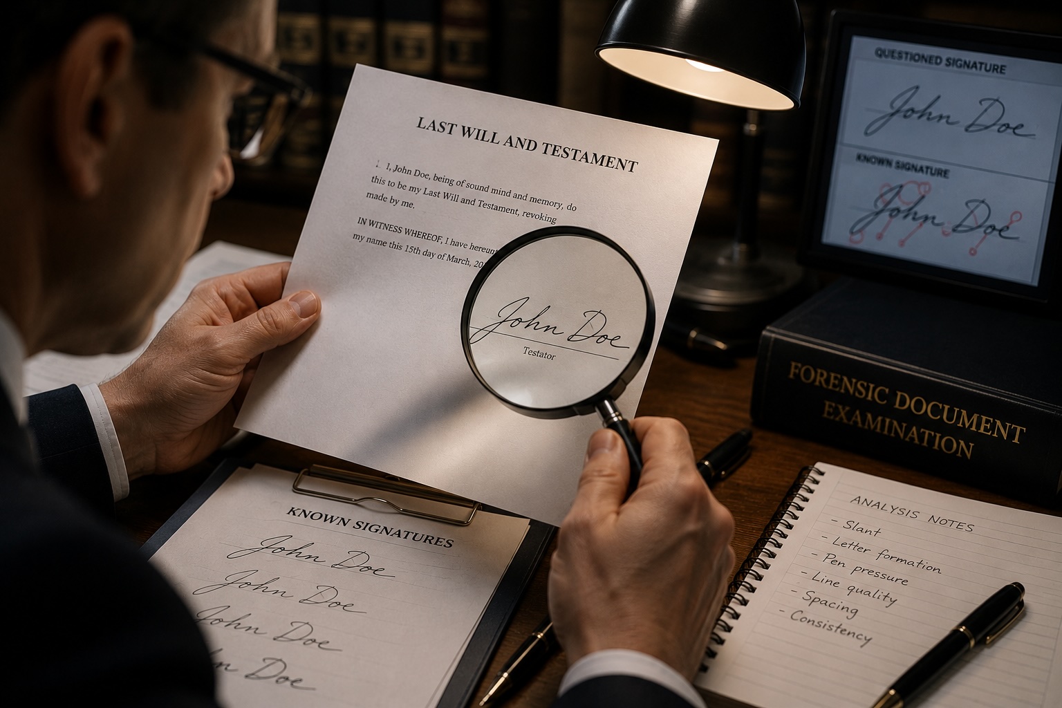 Forensic document examiner using a magnifying glass to examine a suspected forged signature on a will