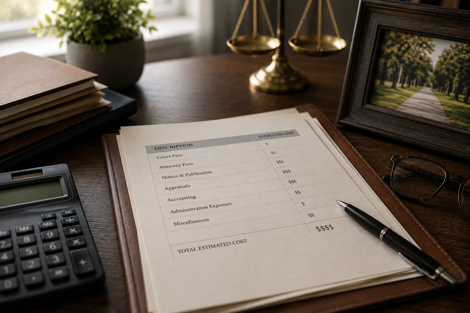 Estate administration cost estimate with calculator and legal documents on a desk