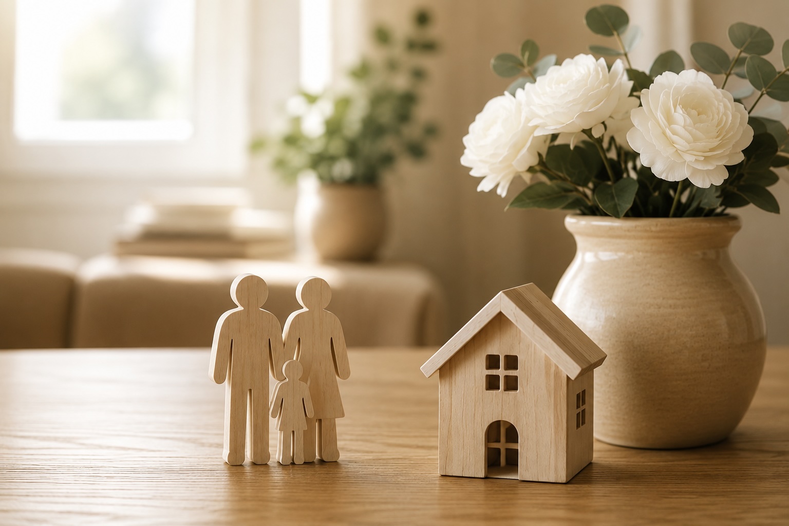 Wooden family figures and a model house on a table representing surviving spouse and family inheritance rights.