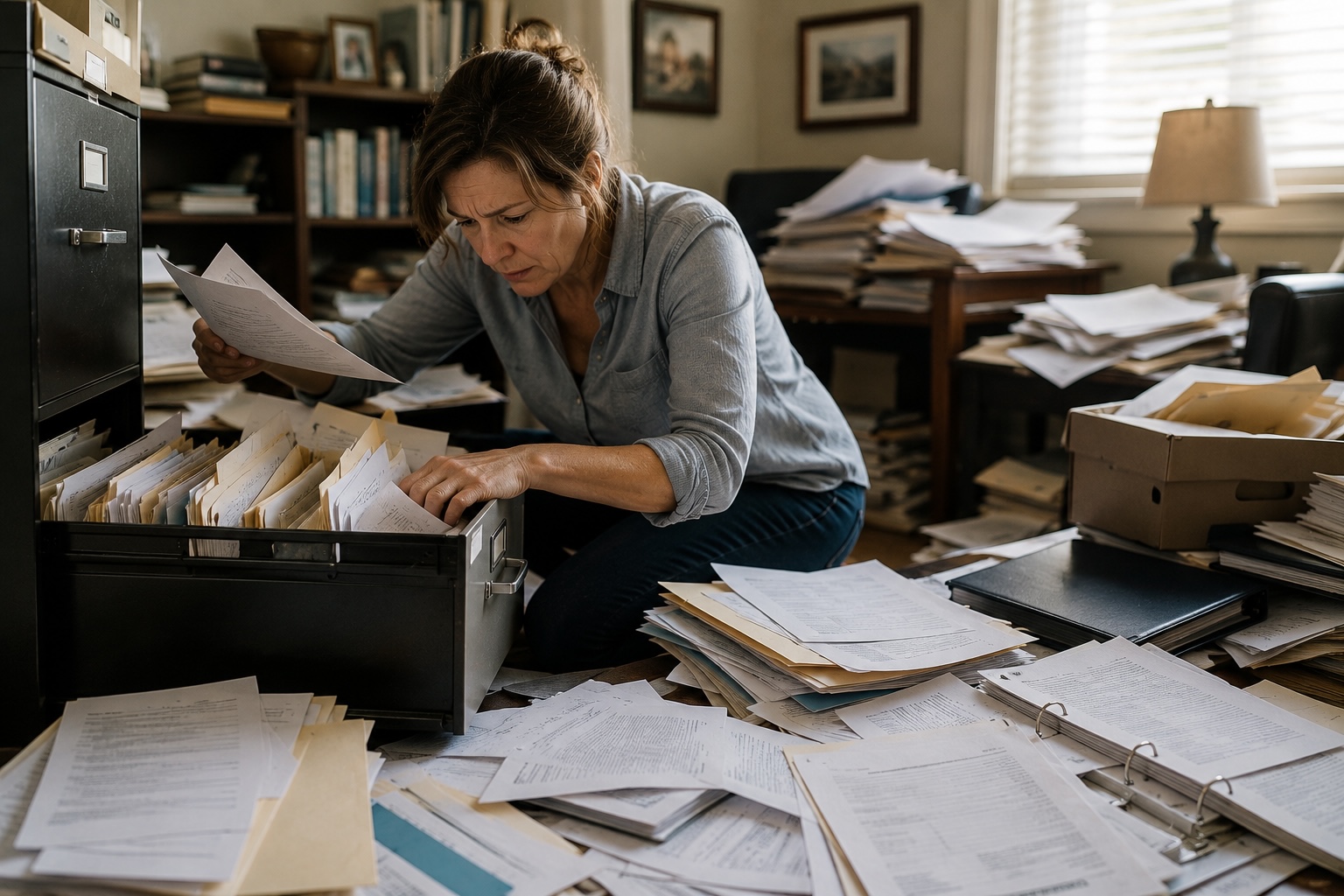Woman searching through files and records for a lost will in Texas.
